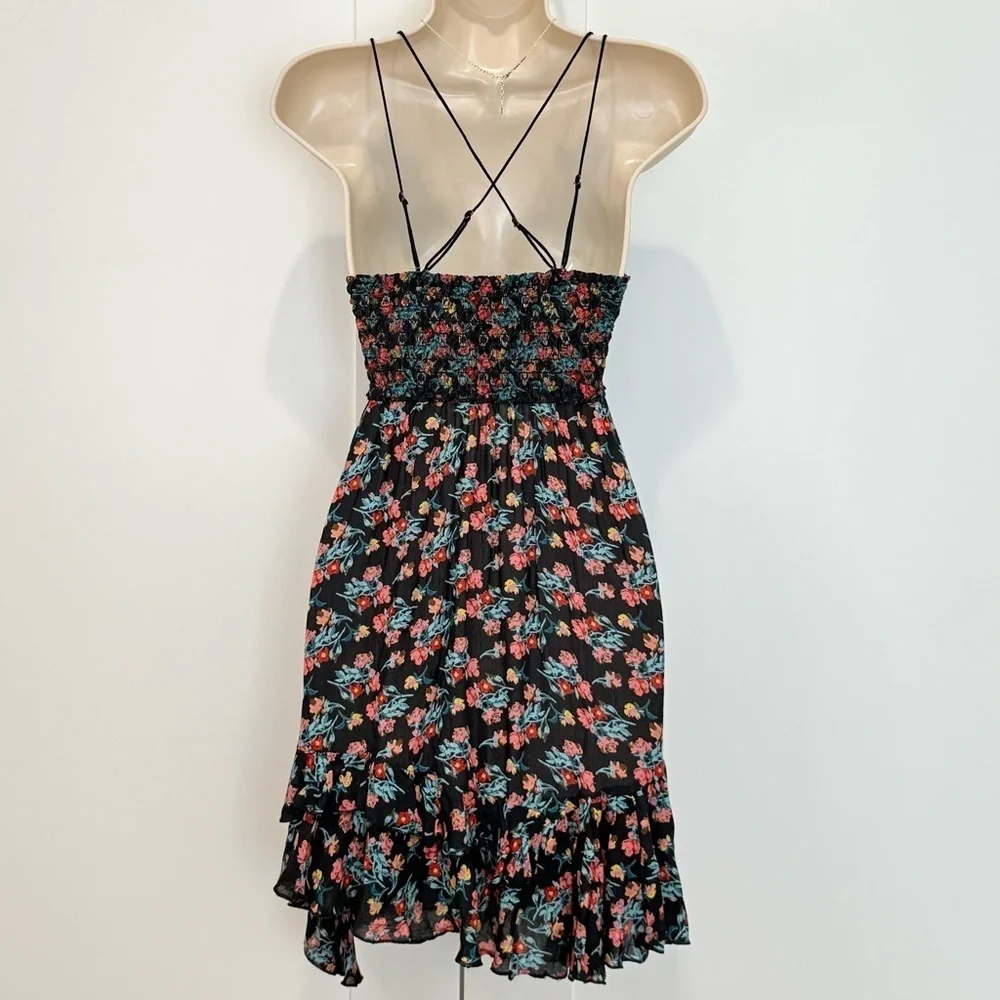 Free People Adella Printed Slip Mini Dress XS Black Combo Floral Festival Boho